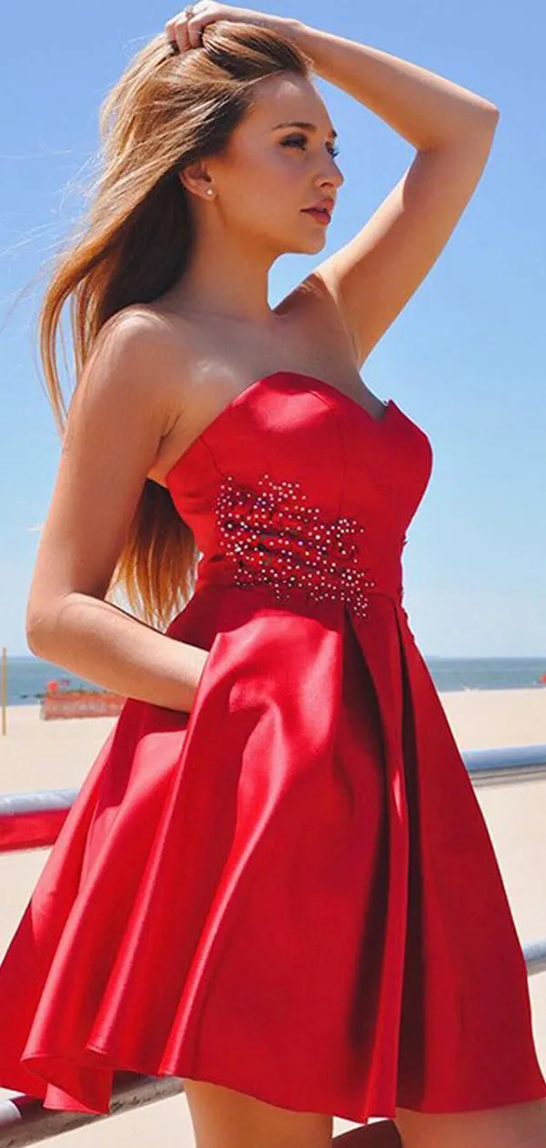 Red Soft Satin Sweetheart Strapless With Bow Applique Pockets Homecoming Dresses,BD0207