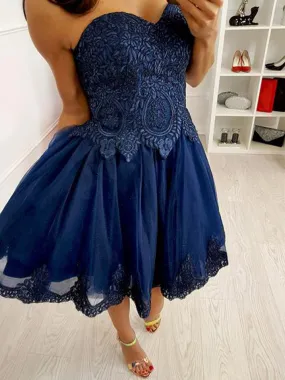 Royal Blue Lace Tulle Sweetheart Strapless Homecoming Dresses,BD0167