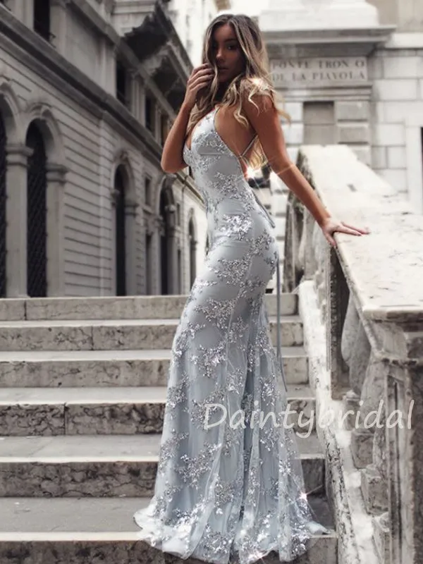 Sexy Backless Sequin Lace Mermaid Long Evening Prom Dresses, Cheap Prom Dresses.DB10397