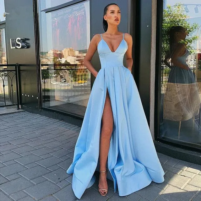 Sexy V-Neck Satin Spaghetti Strap Side Slit Prom Dress Evening Gown