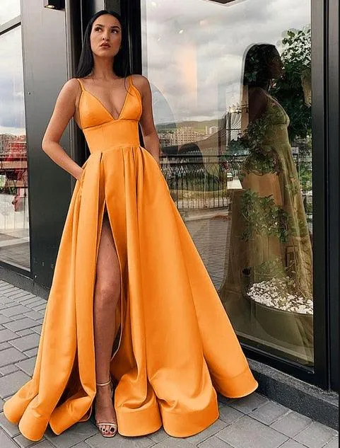 Sexy V-Neck Satin Spaghetti Strap Side Slit Prom Dress Evening Gown