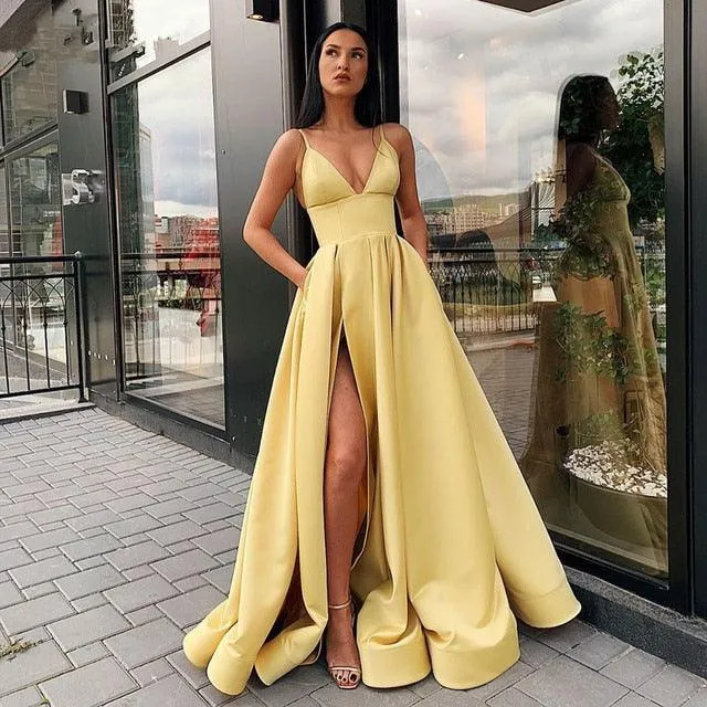 Sexy V-Neck Satin Spaghetti Strap Side Slit Prom Dress Evening Gown