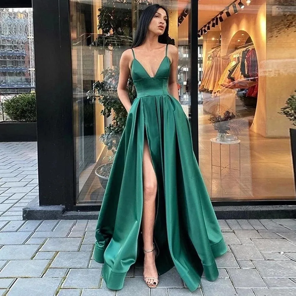 Sexy V-Neck Satin Spaghetti Strap Side Slit Prom Dress Evening Gown