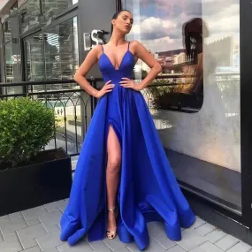 Sexy V-Neck Satin Spaghetti Strap Side Slit Prom Dress Evening Gown