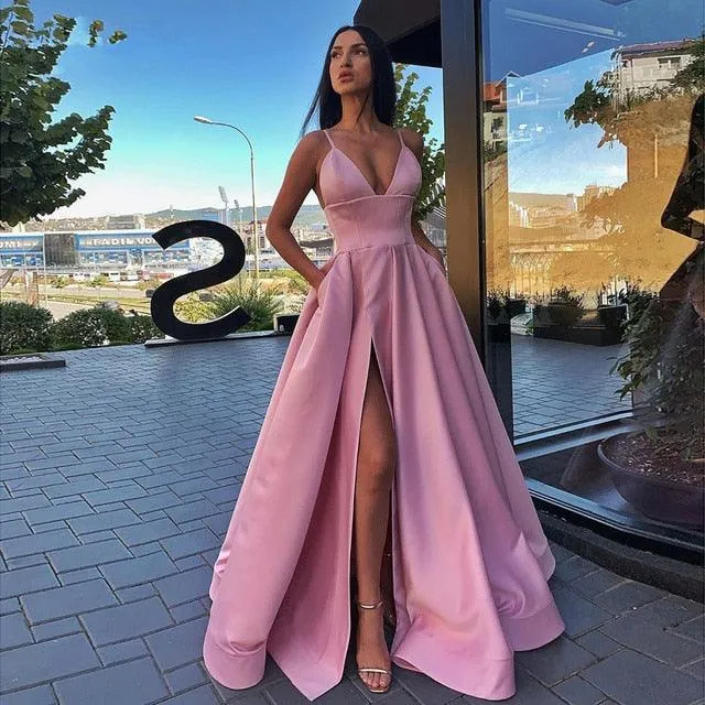 Sexy V-Neck Satin Spaghetti Strap Side Slit Prom Dress Evening Gown