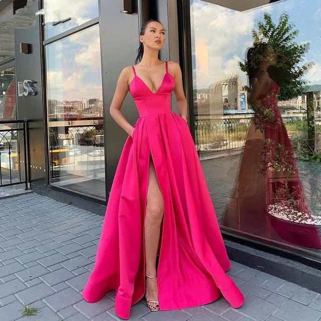 Sexy V-Neck Satin Spaghetti Strap Side Slit Prom Dress Evening Gown