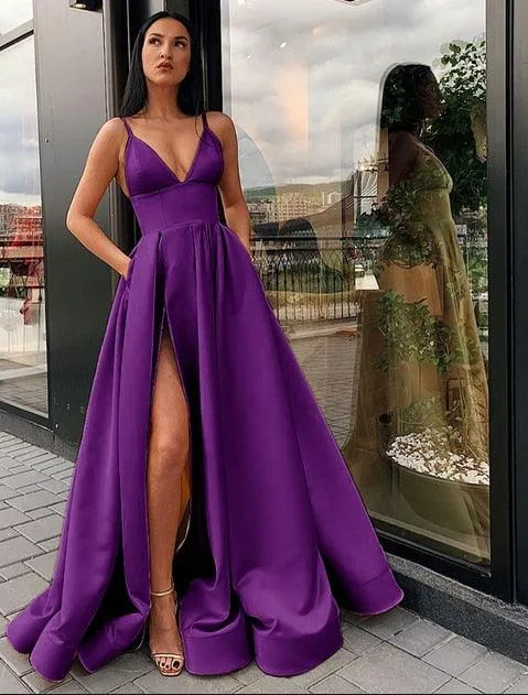 Sexy V-Neck Satin Spaghetti Strap Side Slit Prom Dress Evening Gown