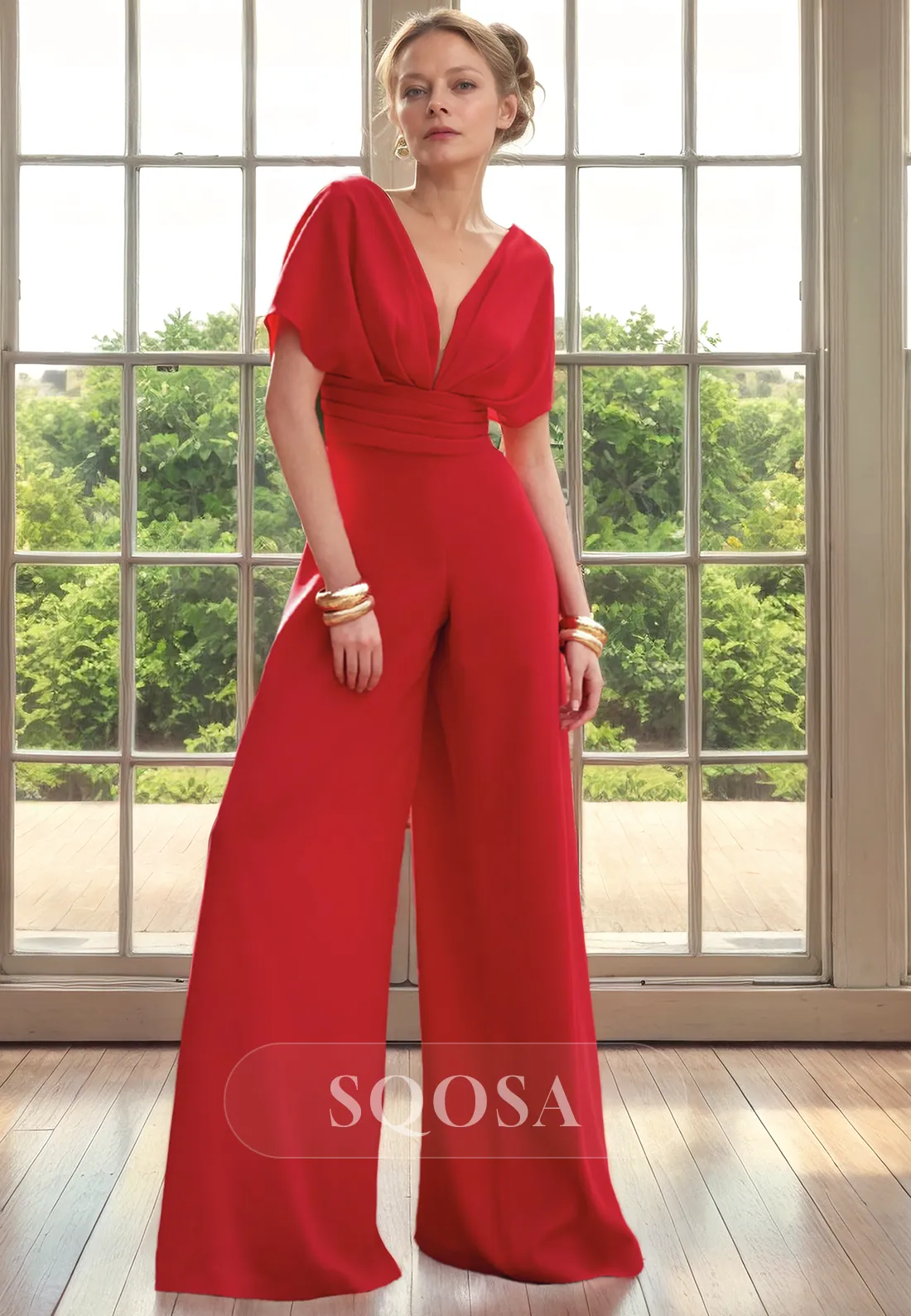 Sexy V neck Short Sleeves Elegant Red Chiffon Mother of the Bride Dress Pant Suits