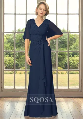 Sheath V Neck Chiffon Pleats Half Sleeves Mother of the Bride Dress for Wedding Cocktail Dress