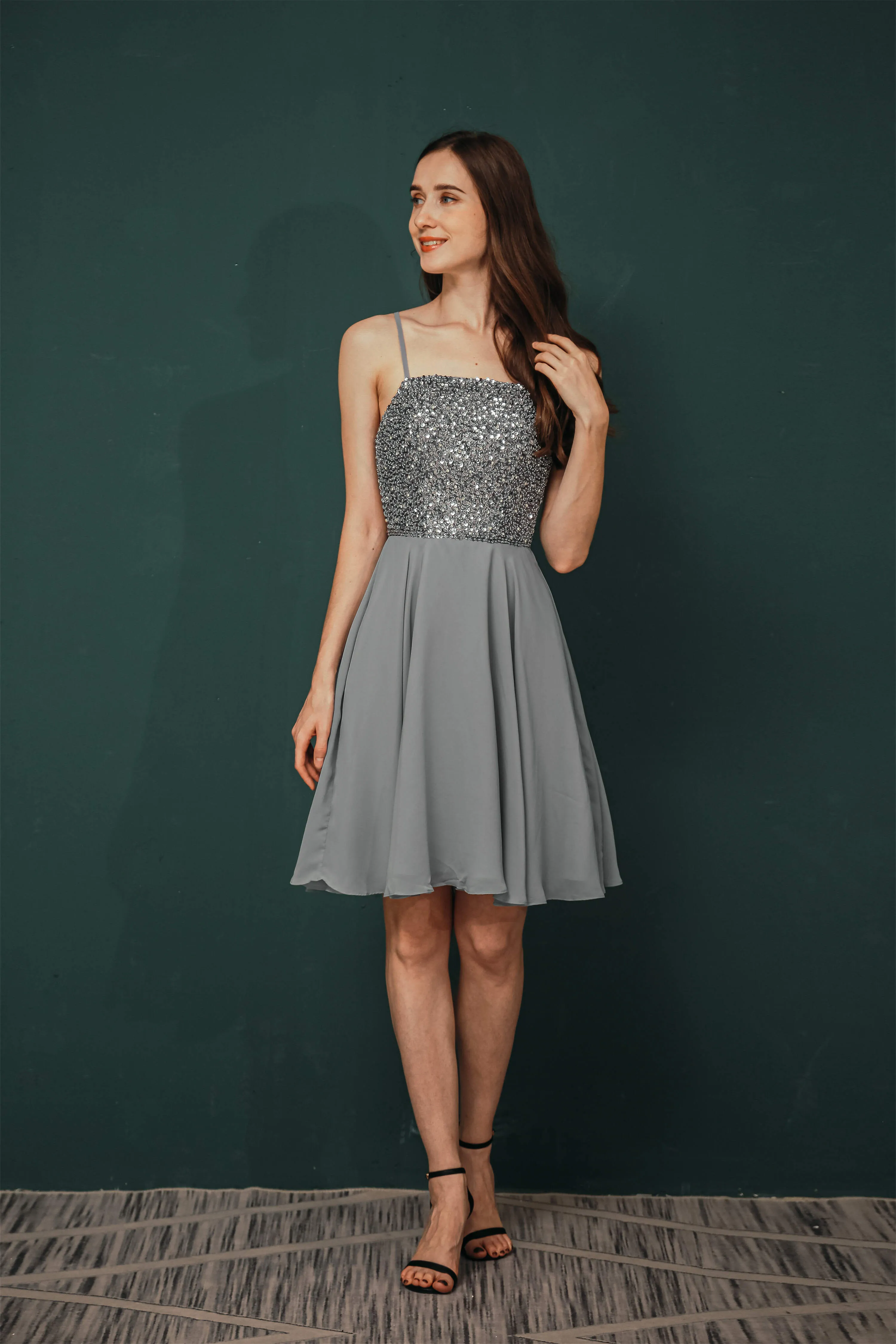 Short A-Line Strapless Beaded Chiffon Homecoming Dresses