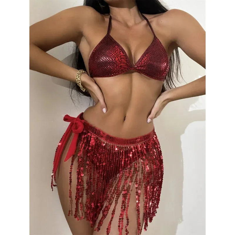 Snakeskin Print Bra High Waist Thong Sequin Tassel Coverup 3 Piece Swimsuit