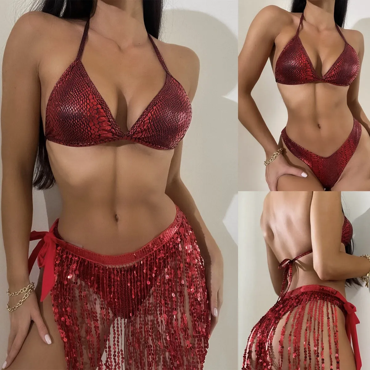 Snakeskin Print Bra High Waist Thong Sequin Tassel Coverup 3 Piece Swimsuit