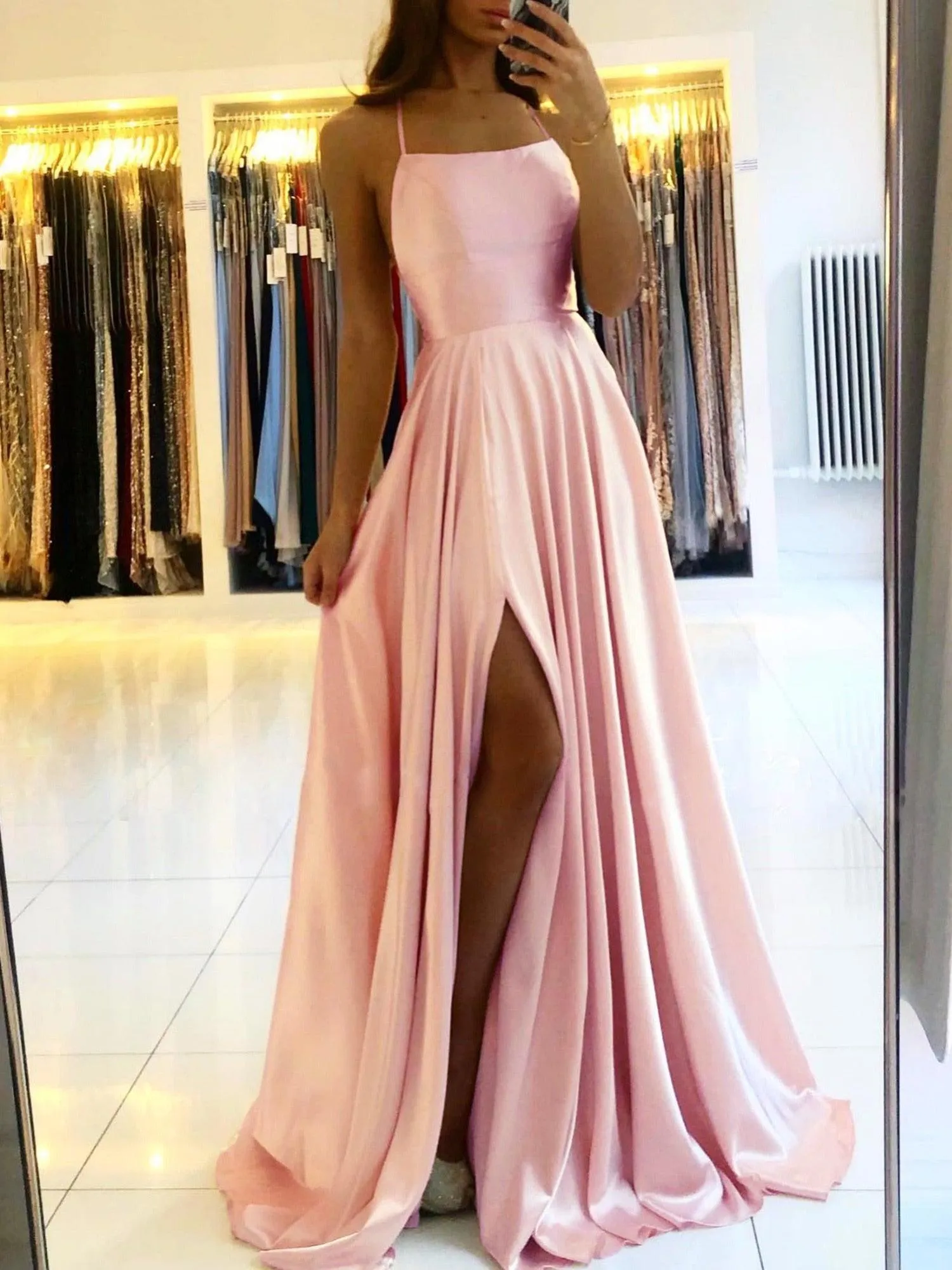 Spaghetti Strap Satin Long Elegant Backless Summer A-line Maxi Evening Party Gown