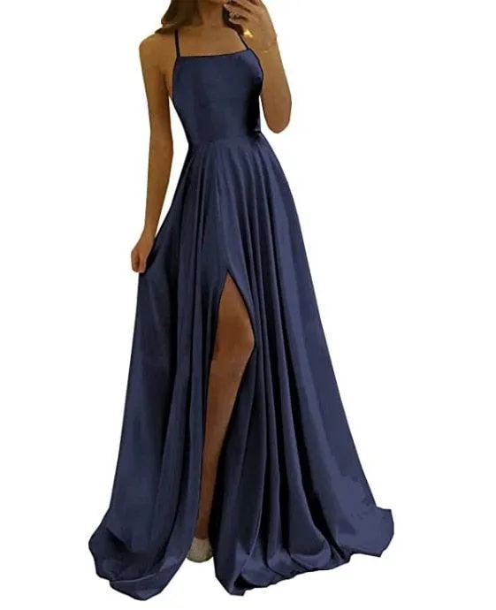 Spaghetti Strap Satin Long Elegant Backless Summer A-line Maxi Evening Party Gown