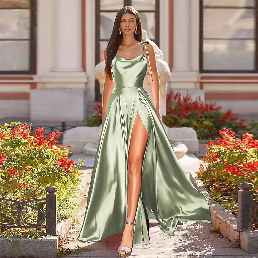 Spaghetti Strap Satin Long Elegant Backless Summer A-line Maxi Evening Party Gown