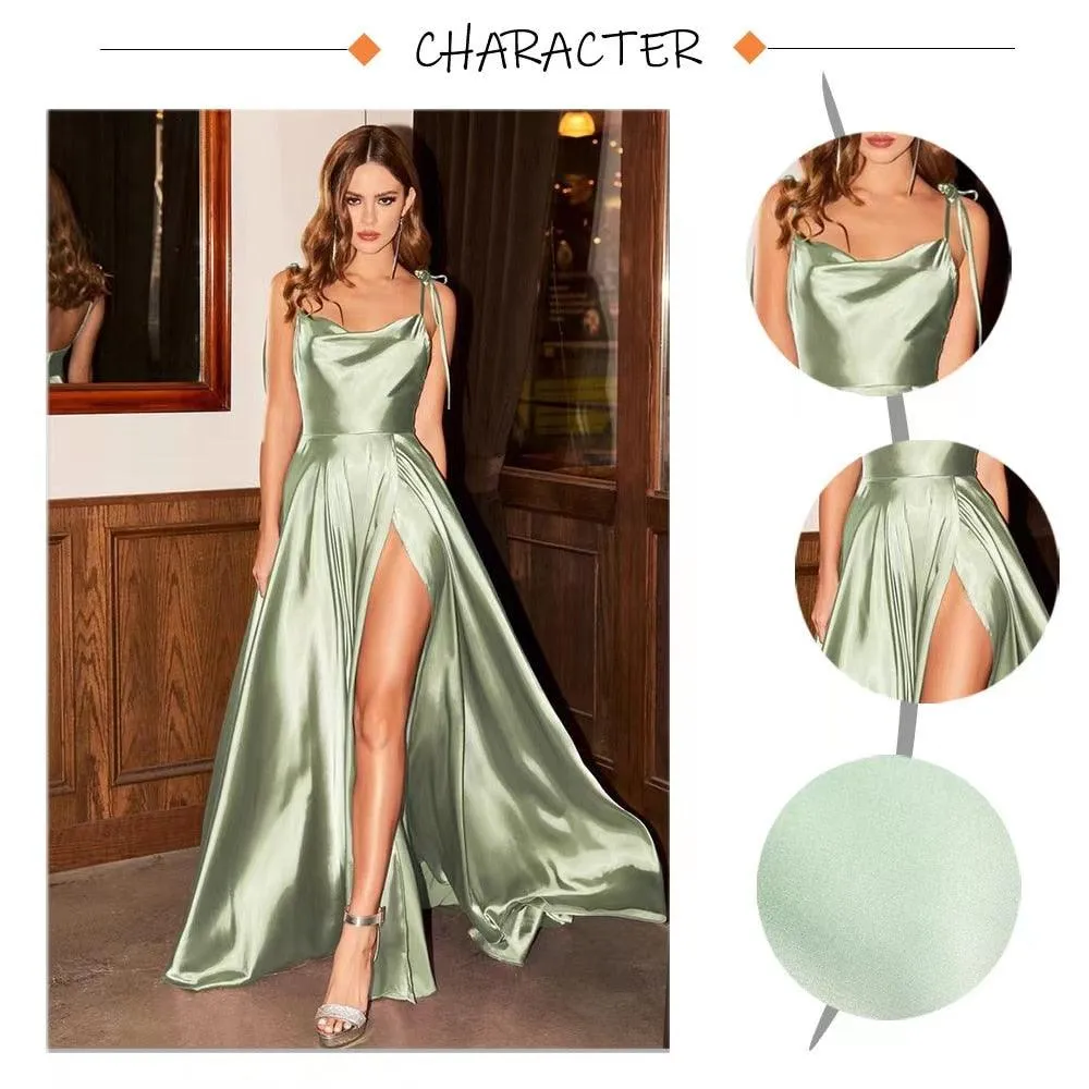 Spaghetti Strap Satin Long Elegant Backless Summer A-line Maxi Evening Party Gown