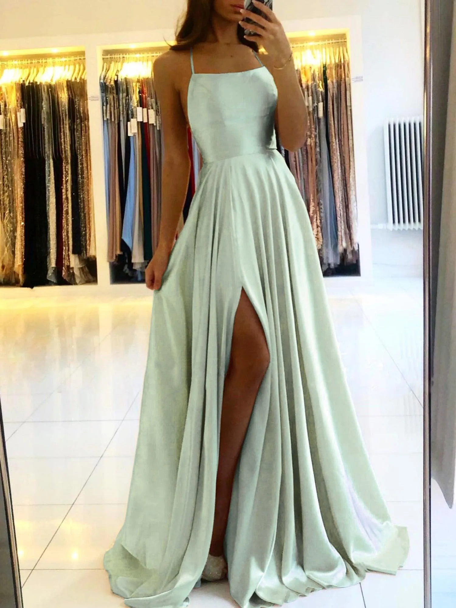 Spaghetti Strap Satin Long Elegant Backless Summer A-line Maxi Evening Party Gown