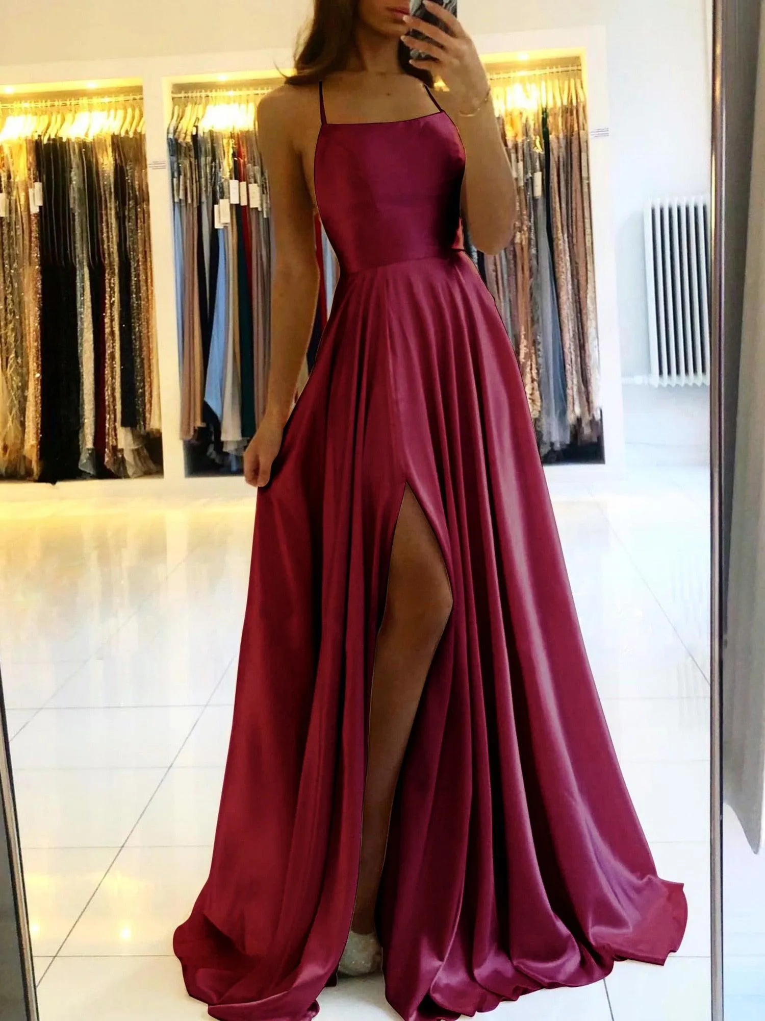 Spaghetti Strap Satin Long Elegant Backless Summer A-line Maxi Evening Party Gown