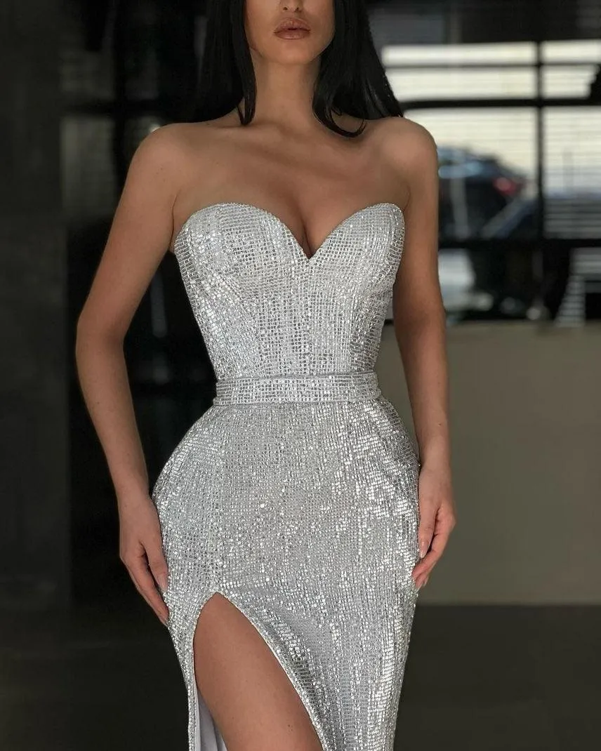 Sparkly Mermaid Sequin Prom Dress with Thigh High Slit