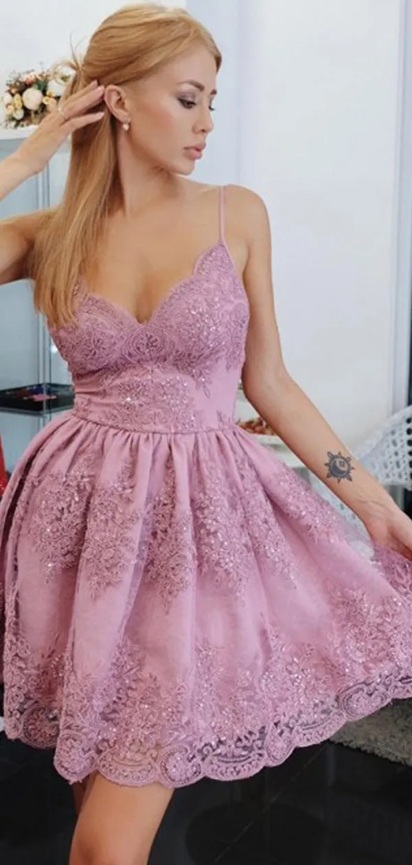 Sparkly Pink Lace Spaghetti Strap V-neck Homecoming Dresses,BD0191