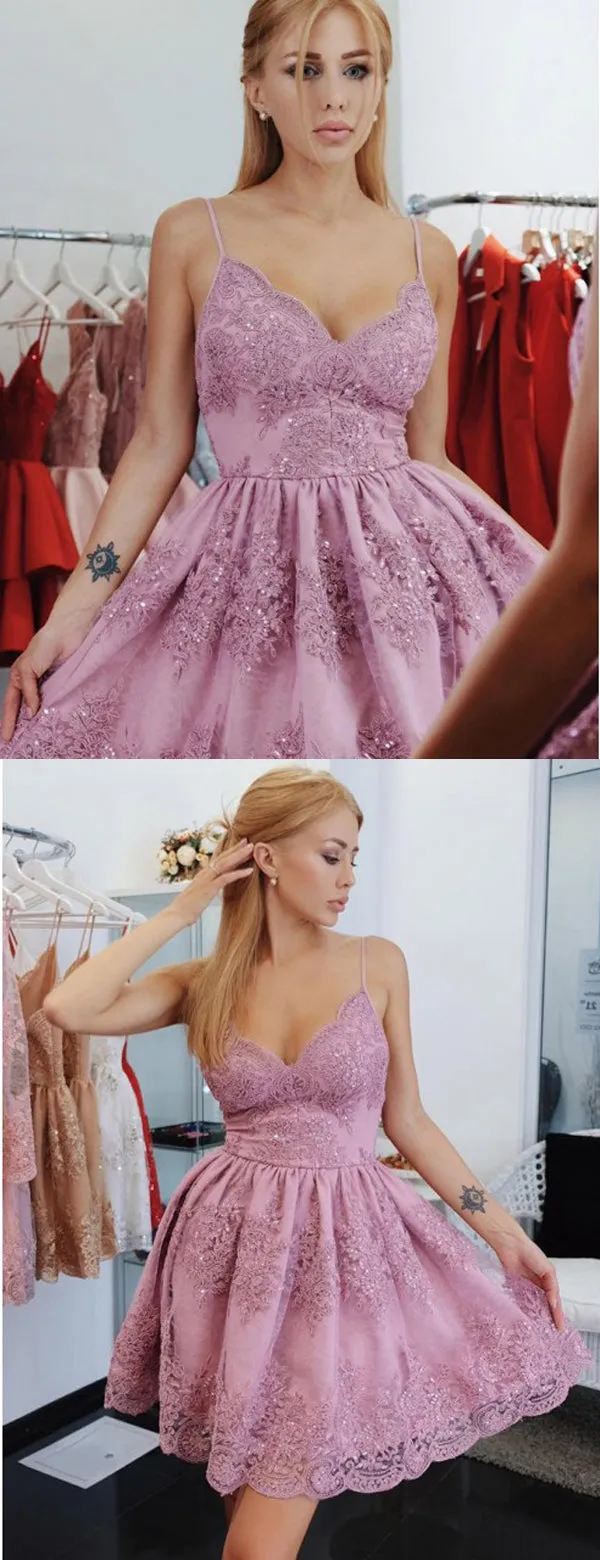 Sparkly Pink Lace Spaghetti Strap V-neck Homecoming Dresses,BD0191