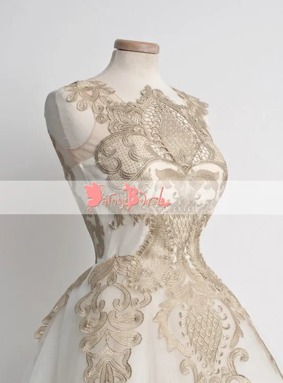 Stunning Gold Lace Appliques Ivory Tulle Sleeveless Homecoming Dresses,BD0150