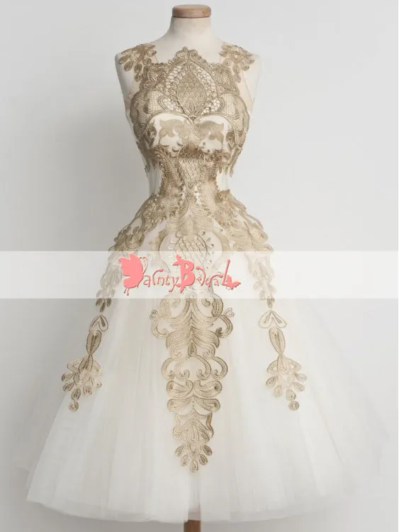 Stunning Gold Lace Appliques Ivory Tulle Sleeveless Homecoming Dresses,BD0150