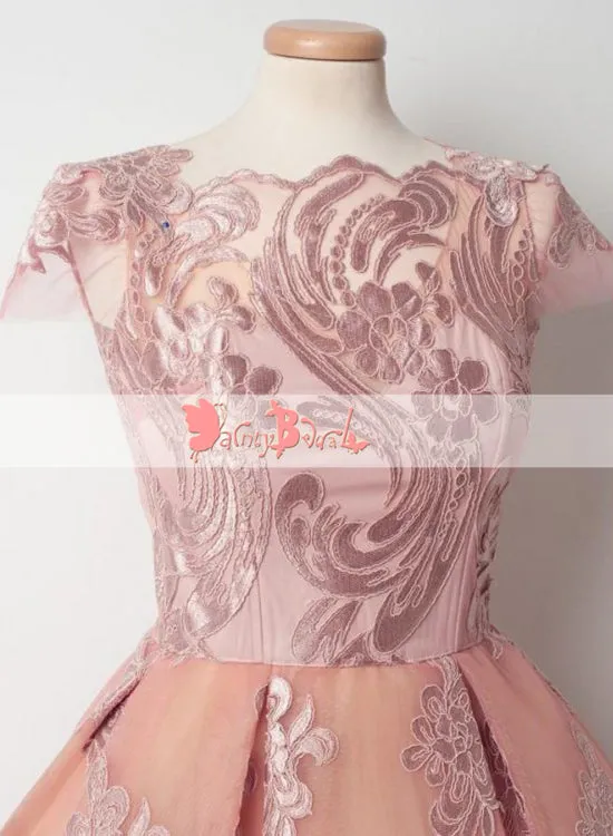 Sweet Pink Lace Appliques Cap Sleeve Keyhole Back Homecoming Dresses,BD0151