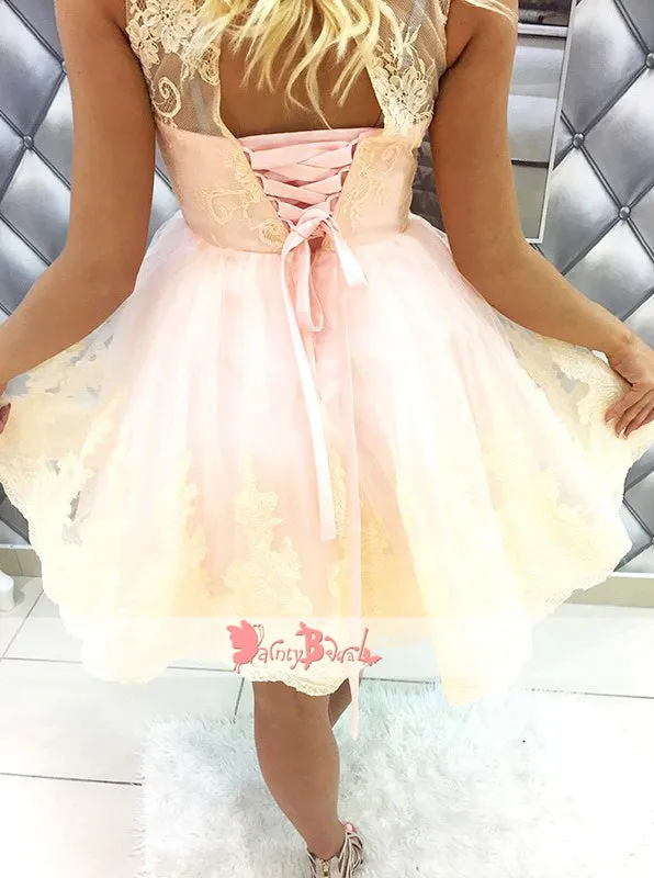 Sweet Pink Lace See Through Open Back Homecoming Dresses ,BD0165