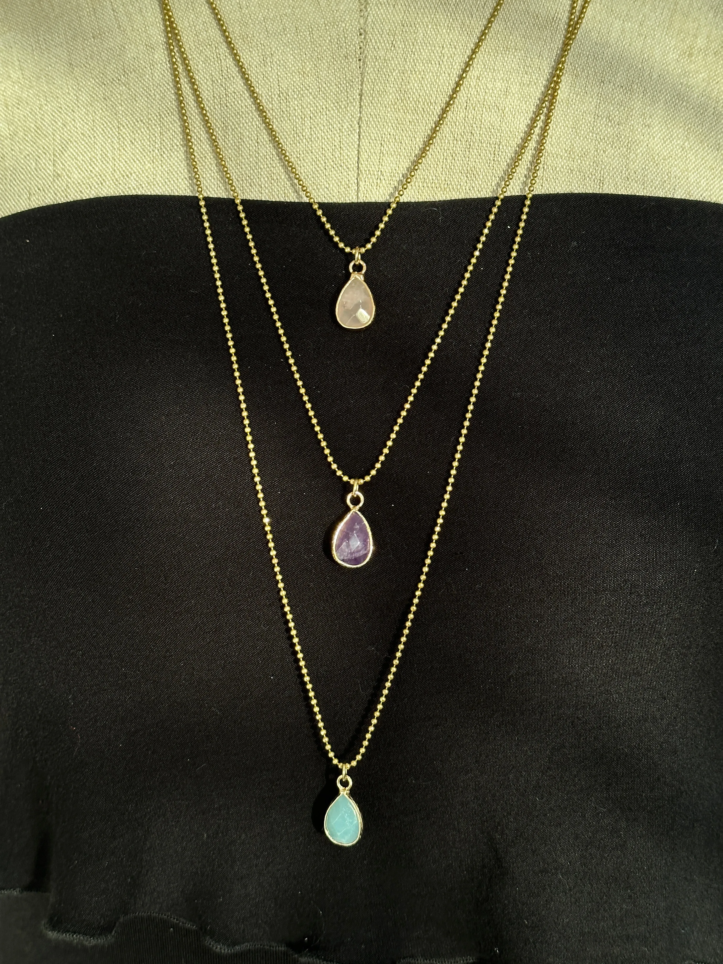 Tear Drop Semi-Precious Charm Long Necklace