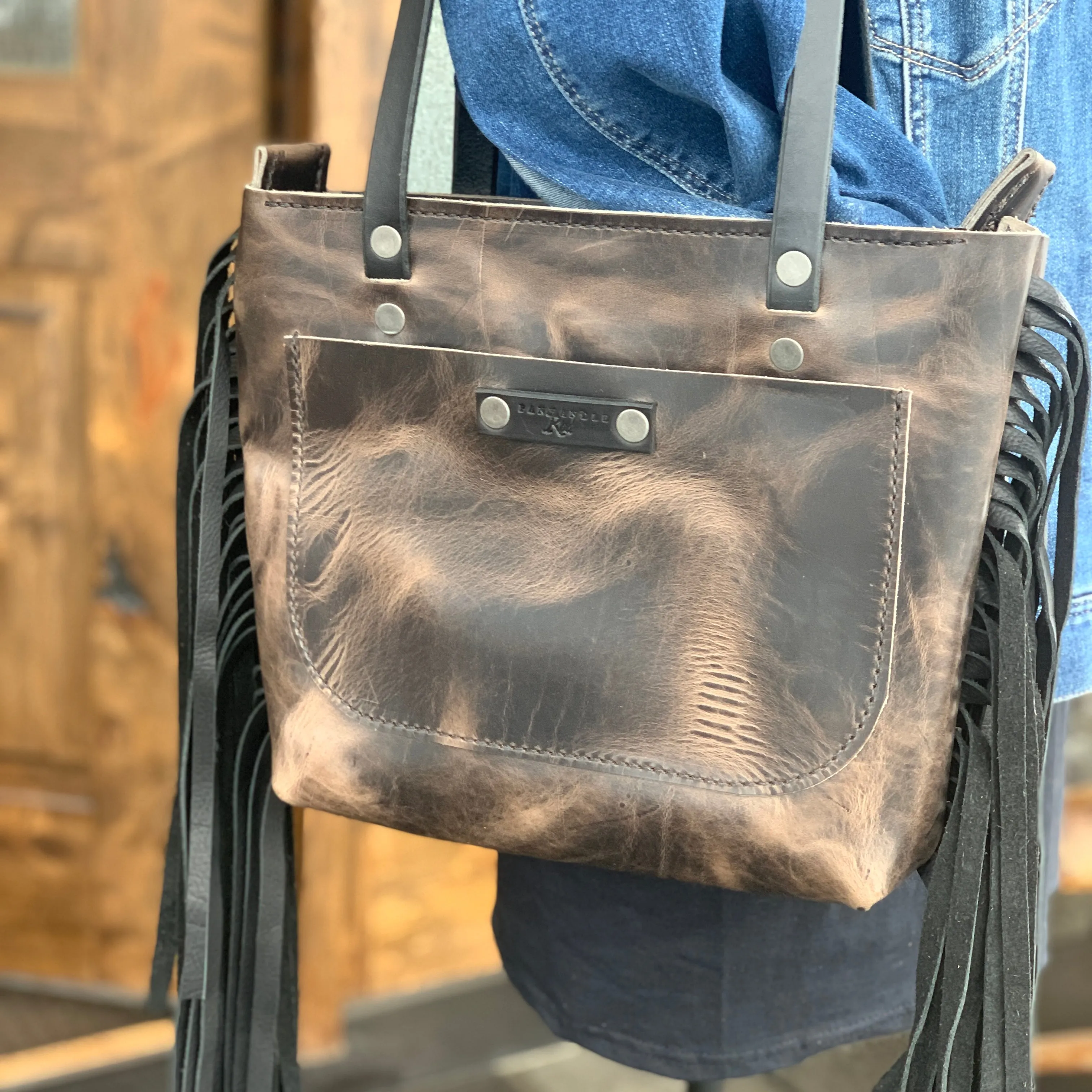 The Oakley Dark Grey Fringe Leather Purse Tote