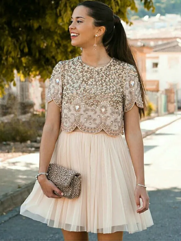 Two Piece Beading Short Sleeve Chiffon Homecoming Dresses ,BD0176