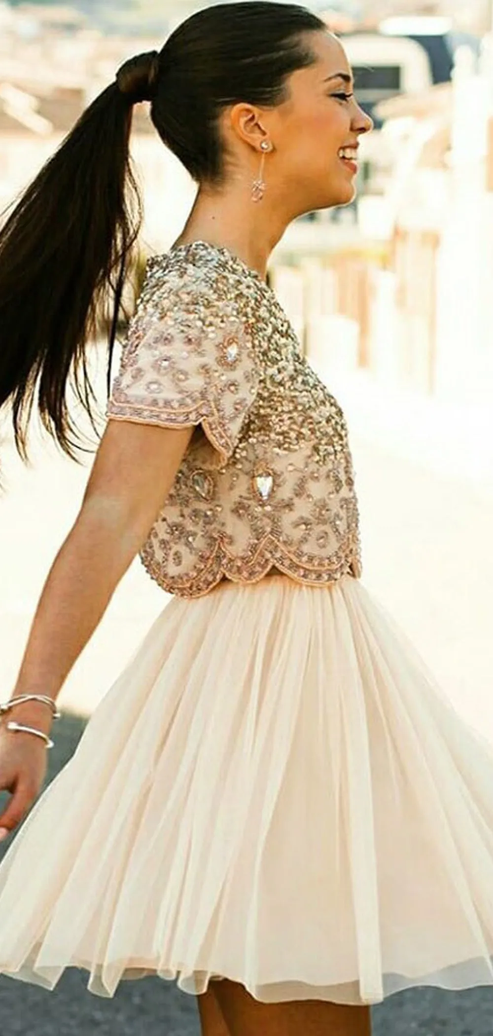 Two Piece Beading Short Sleeve Chiffon Homecoming Dresses ,BD0176