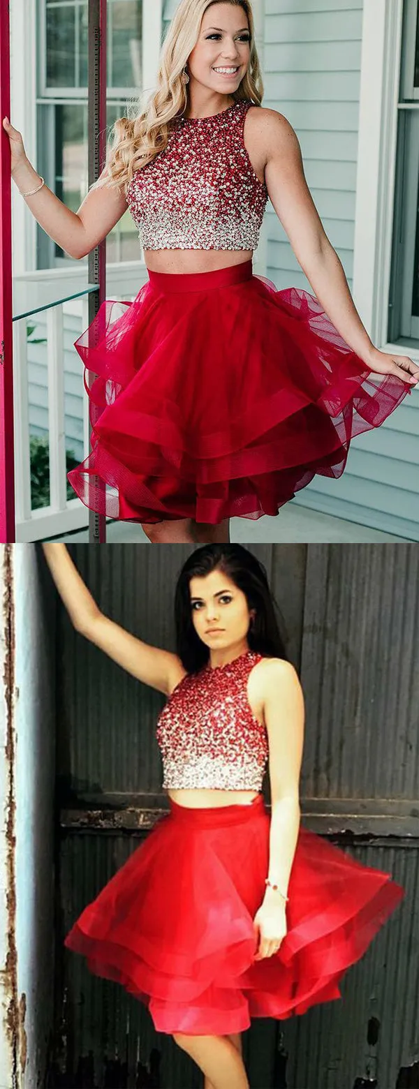 Two Piece Beading Top Red Tulle Fashion Homecoming Dresses,BD0196