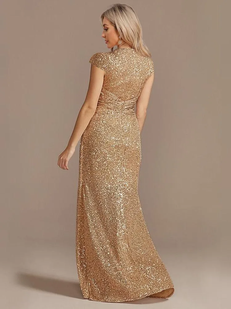 V-Neck Sequin Party Maxi Dress Long Prom Cocktail Dress