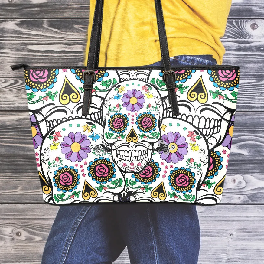 Violet Sugar Skull Leather Tote Bag