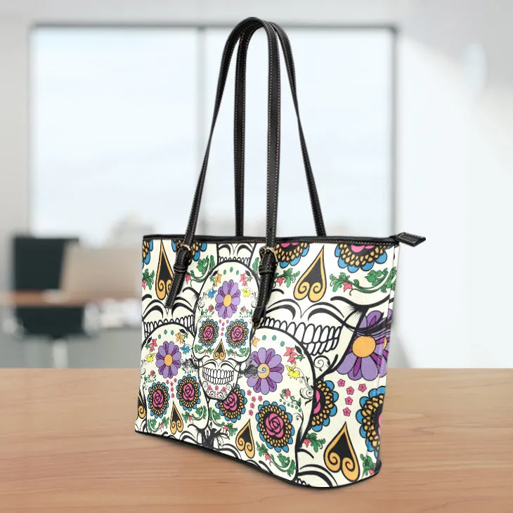 Violet Sugar Skull Leather Tote Bag