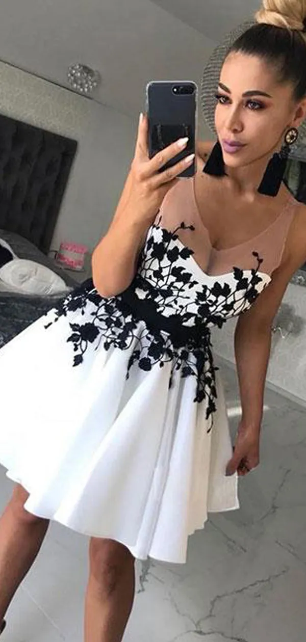 White Satin Black Lace Illusion Strap Sleeveless Homecoming Dresses,BD0205