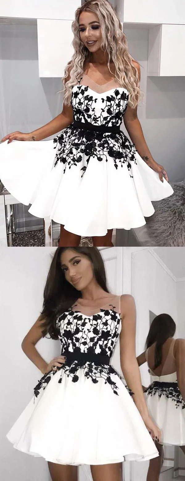 White Satin Black Lace Illusion Strap Sleeveless Homecoming Dresses,BD0205