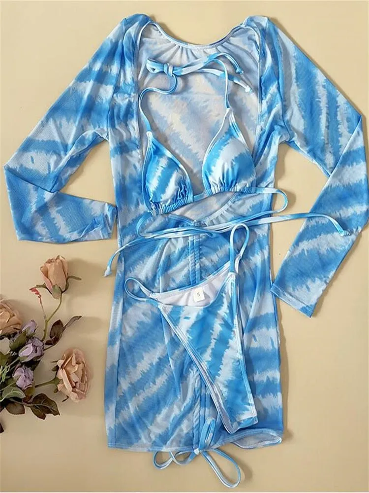 Women's Blue Wave Print Gradient Pleated Cover-Up 3-Piece Swimsuit