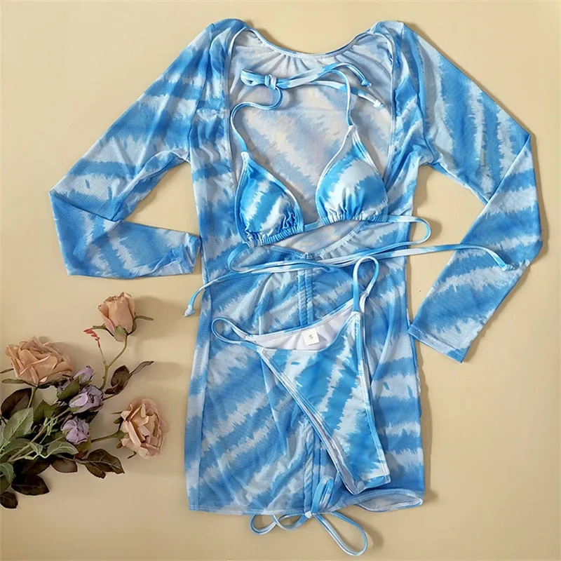 Women's Blue Wave Print Gradient Pleated Cover-Up 3-Piece Swimsuit