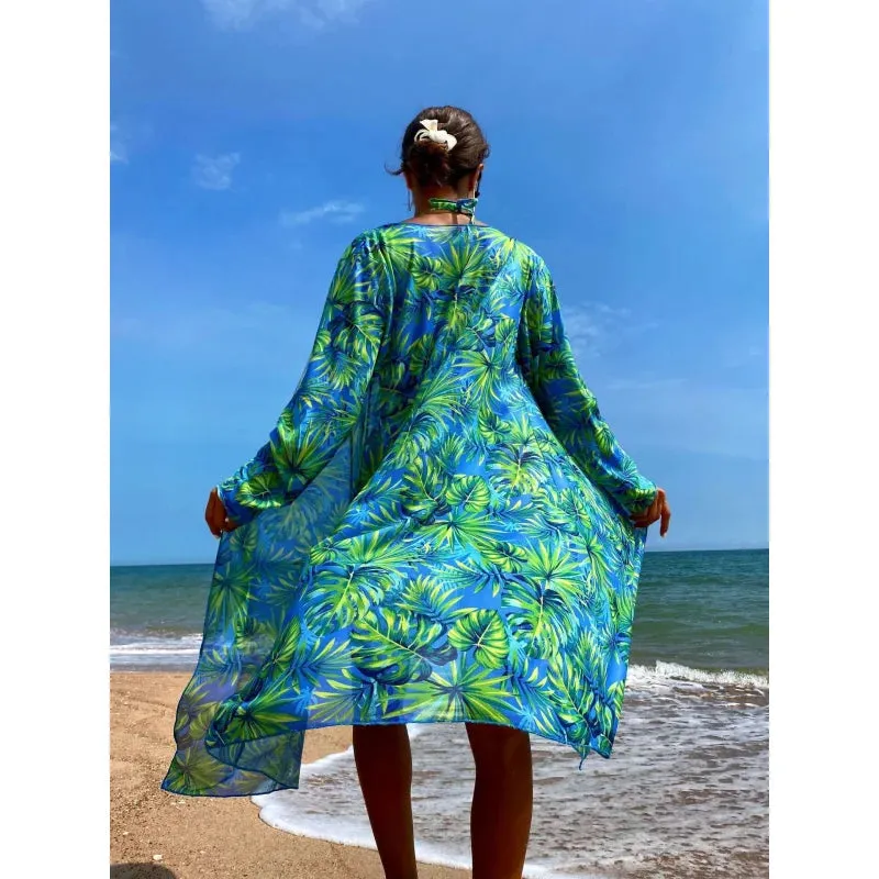 Women's Green Leaves Print Long Sleeve Cover Up 3 Piece Swimsuit