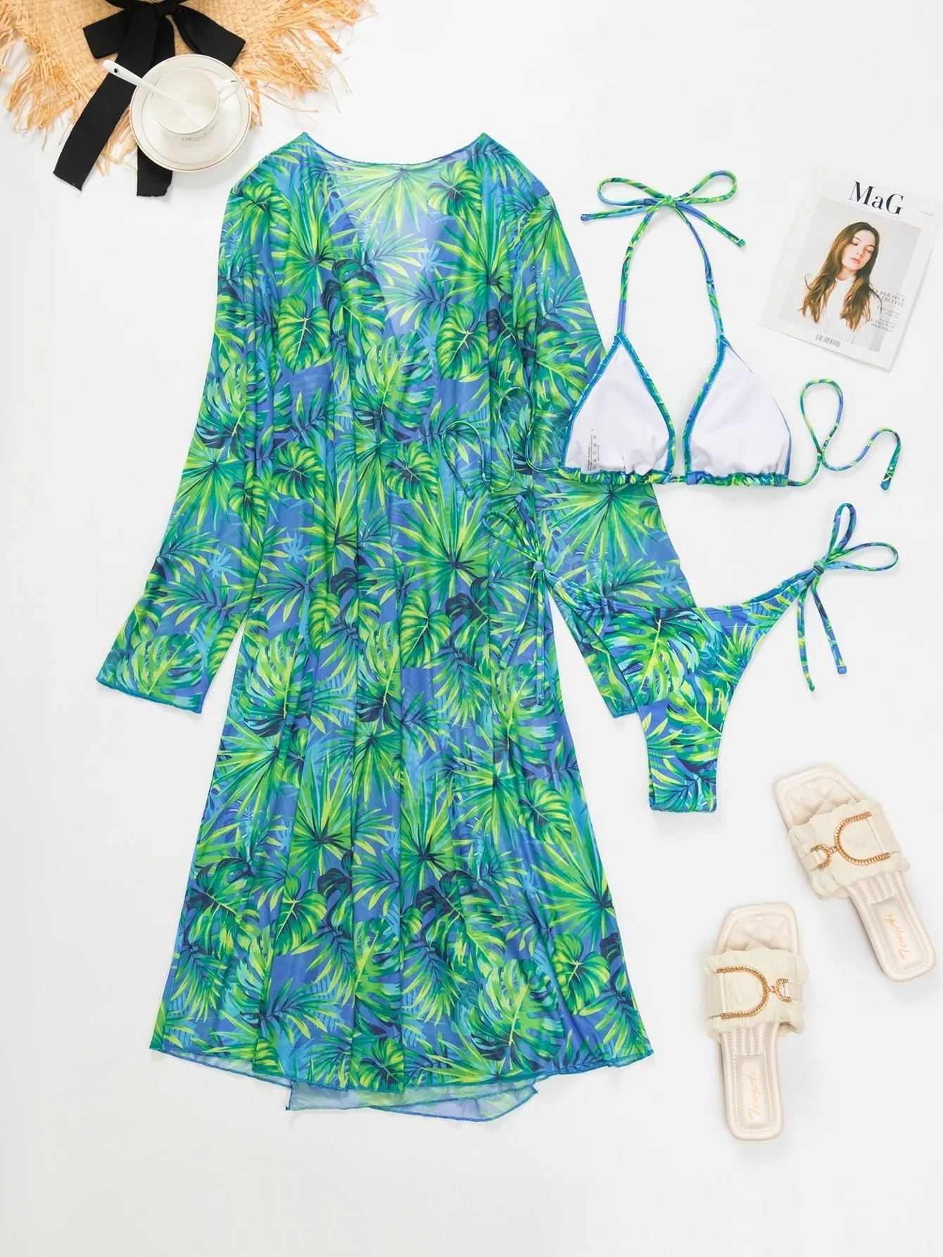 Women's Green Leaves Print Long Sleeve Cover Up 3 Piece Swimsuit